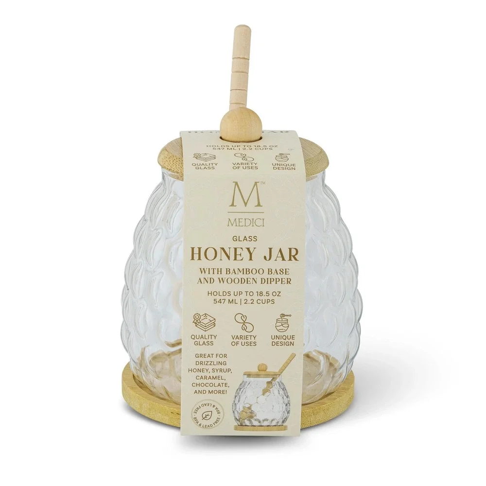 Medici 18.5oz Glass Bubble Honey Jar with Bamboo Base and Wood Dipper